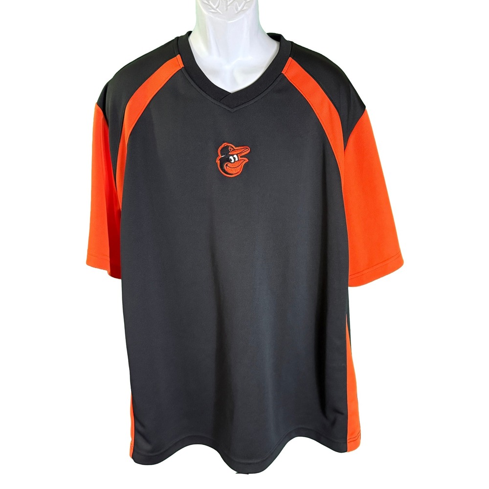 MLB Baltimore Orioles Jersey Mens 2XL Black Orange V-Neck Embroidered Logo Shirt